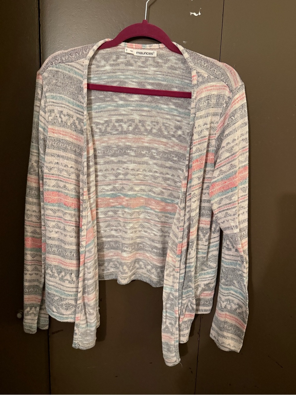 Maurices Lightweight Open Cardigan in Gray with Pastel Pink & Blue Stripes